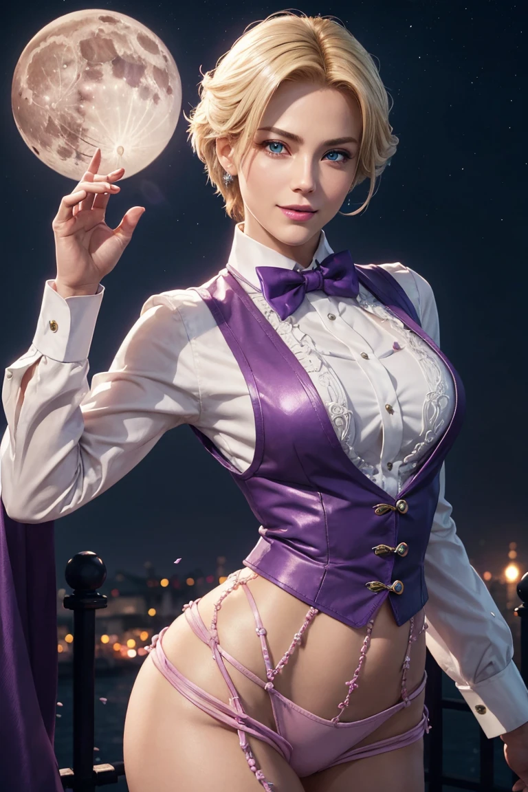 KOF,King of Fighters,King,Blue Eyes,Blonde Hair,Medium Hair,White long shirt,Purple vest,A bow tie,Beautiful white skin,Photorealistic,Ultra HD,high quality,masterpiece,Digital SLR,Detailed details,Intricate details,Anatomical basis,Depicted in detail,A detailed face,Realistic skin texture,Vivid details,Perfect Anatomy,Perfect Anatomy,Anatomically correct hand,Anatomically correct fingers,Super Detail,Complex 3D rendering,Sexy pose,Fantasy worldview,Beautiful Full Moon,,Beautiful night sky,Purple rose petals fluttering,Picturesque,Pink Lips,smile,