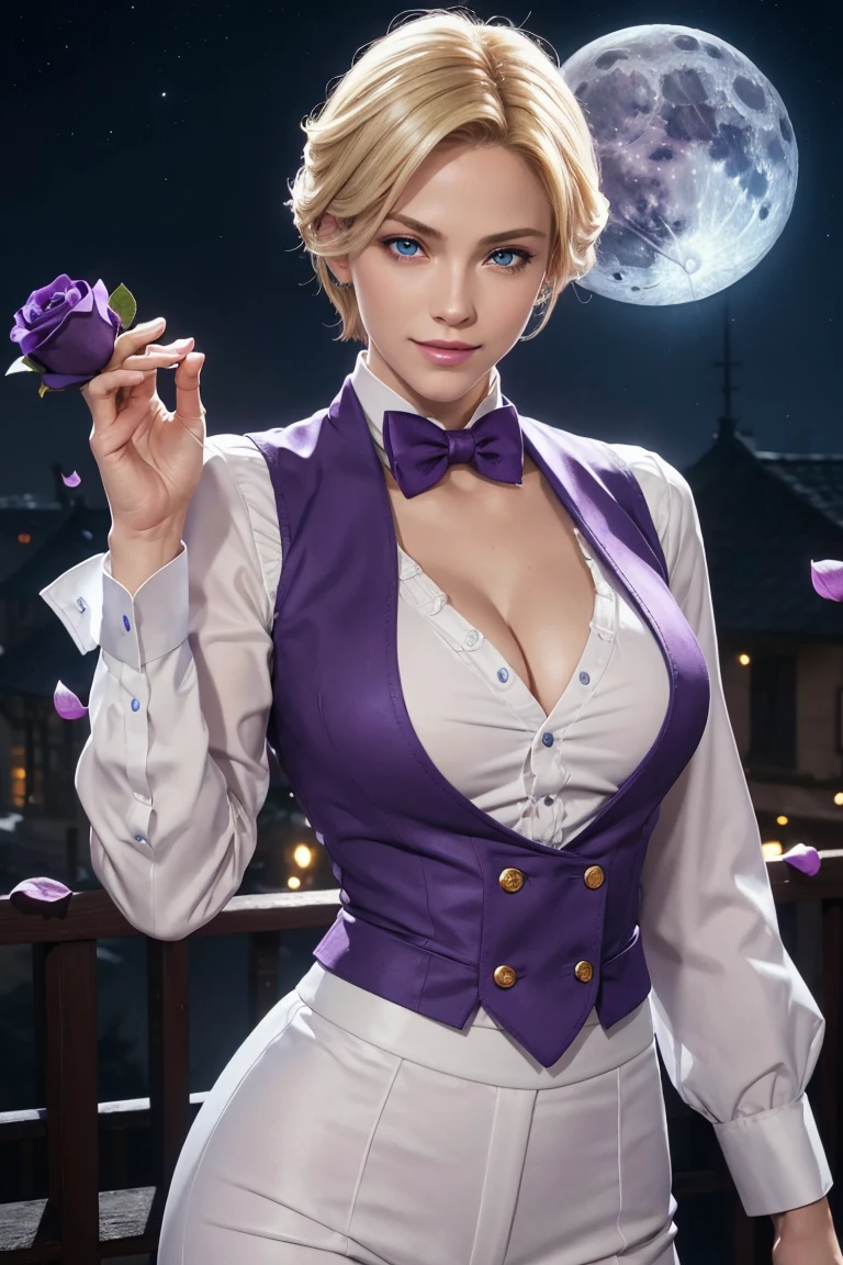 KOF,King of Fighters,King,Blue Eyes,Blonde Hair,Medium Hair,White long shirt,Purple vest,A bow tie,Beautiful white skin,Photorealistic,Ultra HD,high quality,masterpiece,Digital SLR,Detailed details,Intricate details,Anatomical basis,Depicted in detail,A detailed face,Realistic skin texture,Vivid details,Perfect Anatomy,Perfect Anatomy,Anatomically correct hand,Anatomically correct fingers,Super Detail,Complex 3D rendering,Sexy pose,Fantasy worldview,Beautiful Full Moon,,Beautiful night sky,Purple rose petals fluttering,Picturesque,Pink Lips,smile,