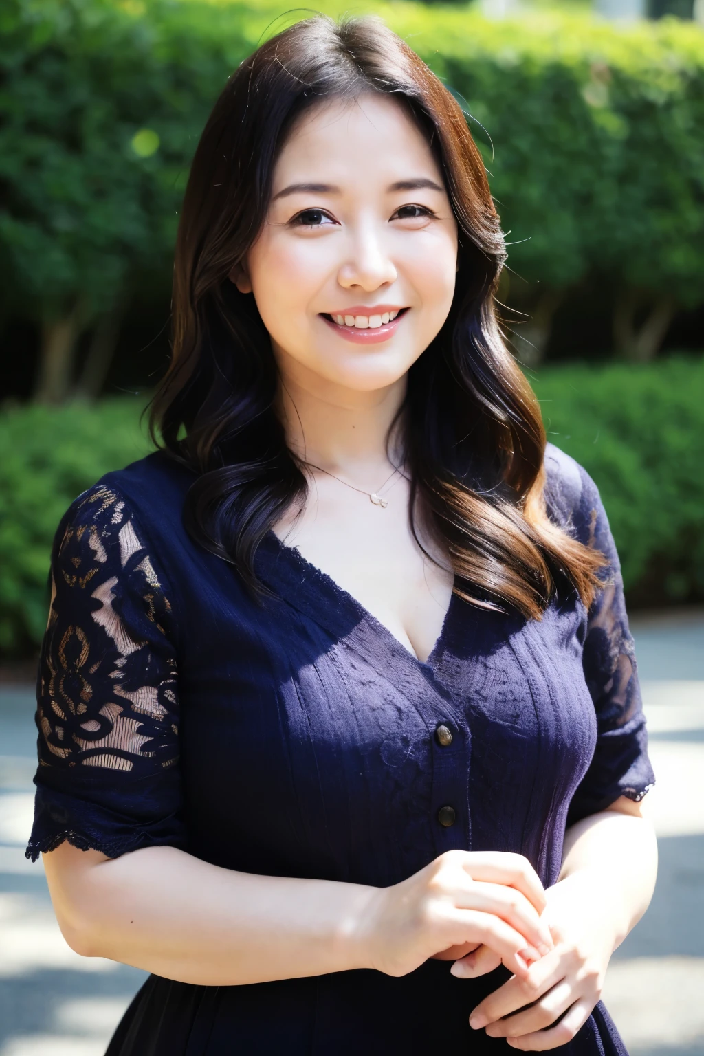 最high quality, In 8K, Masseter region, Real, Sharp focus, high quality, High resolution, Detailed face, Detailed eyes, Thick lips, Background Blur, alone, Middle-aged women, , 5, , Wavy Hair, Cleavage, Wearing a plain short-sleeved knit, Afternoon in front of the park garden, Wrinkles around the eyes, Smiling with teeth showing