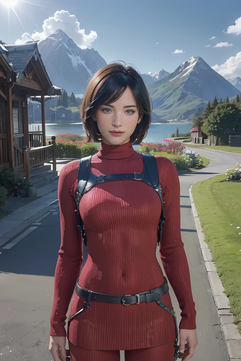 have_RE4, (stand:1.4),(Beautiful face:1.5), 1 girl,black hair, short hair, red sweater, belt, Black ankle boots,  ((upper body)),(realistic:1.7),((best quality)),nonsense,(Ultra high resolution),(photorealistic:1.6),photorealistic,Octane rendering,(hyperrealistic:1.2), (photorealistic face:1.2), (8ก), (4K), (Masterpiece),(realistic skin texture), (illustration, movie light,Wallpaper),( beautiful eyes:1.2),((((perfect face)))),(cute),(stand),((look at viewer)),(dynamic gesture:1.3), outdoor, house, Flower path, mountain, lagoon, harbor,