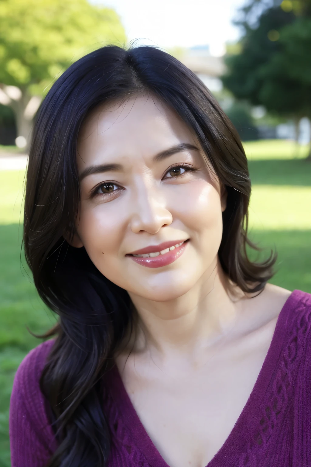 最high quality, In 8K, Masseter region, Real, Sharp focus, high quality, High resolution, Detailed face, Detailed eyes, Thick lips, Background Blur, alone, Middle-aged women, , 5, , Wavy Hair, Cleavage, Wearing a plain short-sleeved knit, Afternoon in front of the park garden, Wrinkles around the eyes, Smiling with teeth showing