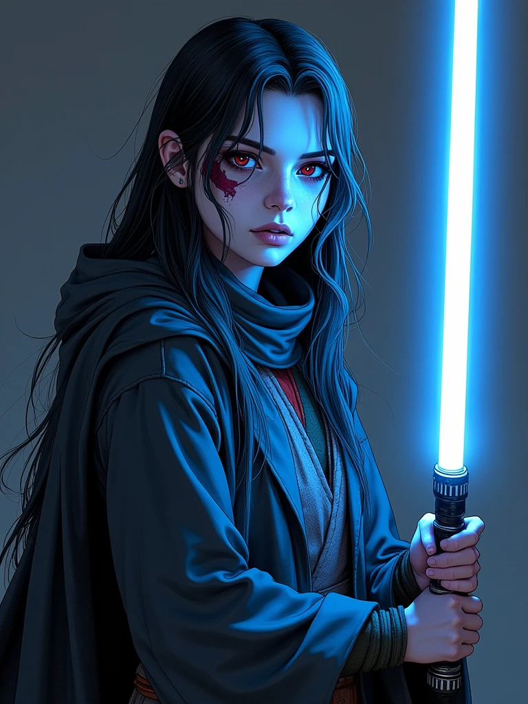 (A young badboychiss gray jedi,former sith lord,searching for balance between light and dark,2 white lightsabers,long dark blue hair,light blue skin,one red eye,one blind eye with big cut across it,full short beard),(best quality,4k,8k,highres,masterpiece:1.2),ultra-detailed,(anime,anime-realistic:1.37),manga lighting,dramatic lighting,vivid colors,chiaroscuro,dark and moody,dramatic pose,mystical,powerful,intense gaze