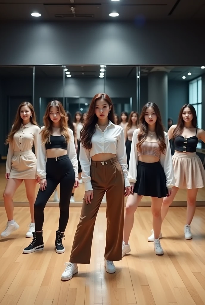 17-22 aged kpop girls. Make 3 of them look half american and korean and 3 of them fully korean. Make them release a dance practice video at a dance studio