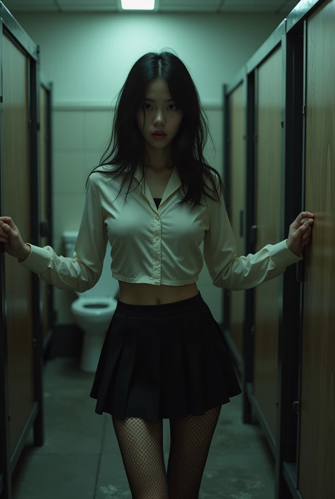 A shabby and worn-out public restroom).Korean woman.korean beauty.Korean model.South Korean girl groups. She is wearing a school uniform, a short and tight black skirt, and black fishnet stockings that reach her thighs..
(Big hearted).(full body shot).(front shot).realistic.G-cup chest.
The pelvis is a supermodel. The shirt button is undone, revealing a black bra..(Behind, a middle-aged man grabs a high school girl by the arm and drags her to the toilet stall.).