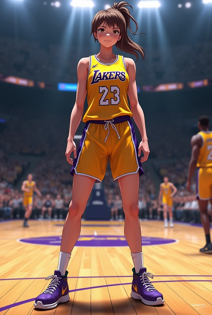 (masterpiece:1.2,Highest quality,Highest quality,High resolution),(Super detailed),(An illustration),8k,wallpaper,One Woman,Black,Basketball Player,Los Angeles Lakers uniform,((front)),((Directly above)),((Lean your body back and jump very high:1.5)),((Look up at the ball)),((Dunk Shot:1.5)),(dynamic),Basketball Court,(((Background Blur)))