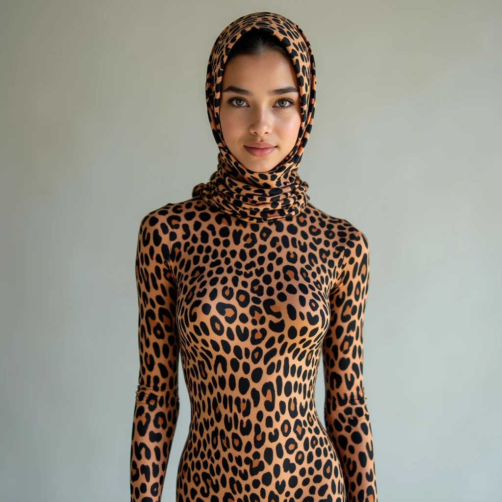 The most beautiful,thin,most pretty and clever Asian muslimah adult girl wears jaguar print lycra turtleneck unitard catsuit covered with spots.She always wear jaguar print lycra dancewear stretchy square hijab covered with many spots.