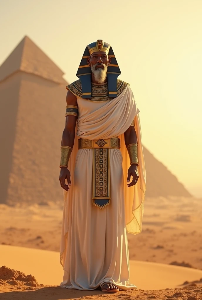 (((Ptah god pharaoh))) best quality, very high resolution, 4K detailed CG, masterpiece, Egyptian mythology,Ptah,sunlight,craftsman god, Ancient Egypt, standing pose, white robe, Egyptian clothes, desert ,pyramidAncient Egypt, ((architect god)), aesthetic, beautiful image, centered on screen, standing pose