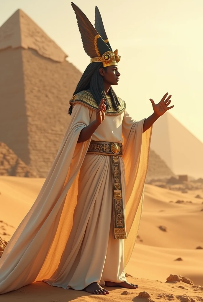 (((Ptah god pharaoh))) best quality, very high resolution, 4K detailed CG, masterpiece, Egyptian mythology,Ptah,sunlight,craftsman god, Ancient Egypt, standing pose, white robe, Egyptian clothes, desert ,pyramidAncient Egypt, ((architect god)), aesthetic, beautiful image, centered on screen, standing pose