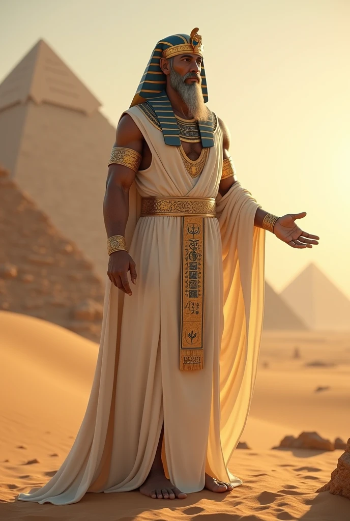 (((Ptah god pharaoh))) best quality, very high resolution, 4K detailed CG, masterpiece, Egyptian mythology,Ptah,sunlight,craftsman god, Ancient Egypt, standing pose, white robe, Egyptian clothes, desert ,pyramidAncient Egypt, ((architect god)), aesthetic, beautiful image, centered on screen, standing pose