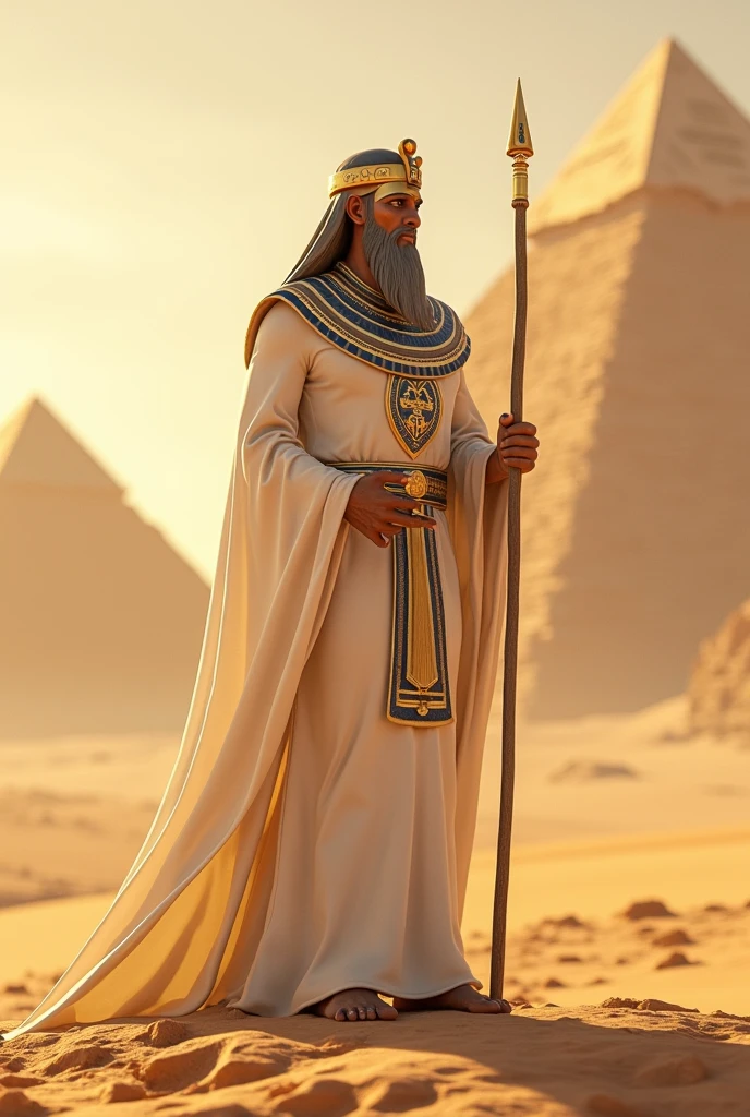 (((Ptah god pharaoh))) best quality, very high resolution, 4K detailed CG, masterpiece, Egyptian mythology,Ptah,sunlight,craftsman god, Ancient Egypt, standing pose, white robe, Egyptian clothes, desert ,pyramidAncient Egypt, ((architect god)), aesthetic, beautiful image, centered on screen, standing pose