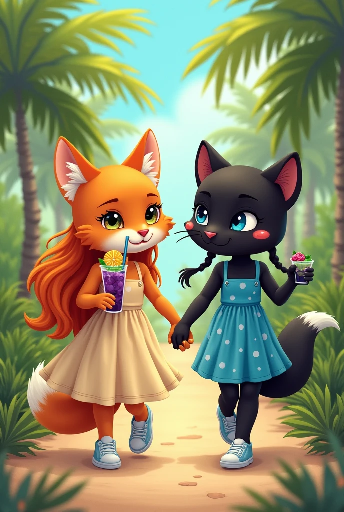 Cute and fluffy orange anthropomorphic fox of small stature in a dark beige full-length sundress.Fox shoes white sneakers. The fox has orange hair that reaches the floor.. A fox holds a sling with a grape cocktail and a straw in its paw. Next to the fox is a cute anthropomorphic fluffy black panther in a short bright blue mini sundress with white polka dots. Panther shoes blue sneakers.The panther has a hairstyle on the sides of its head with two black ponytails reaching to the floor.. The panther has kind blue eyes. Panther holds a sling with a mango cocktail and a straw in its paw. They walk holding paws along a path in a palm forest.. The fox is wearing a floor-length sarafan, and the panther has a mini.

