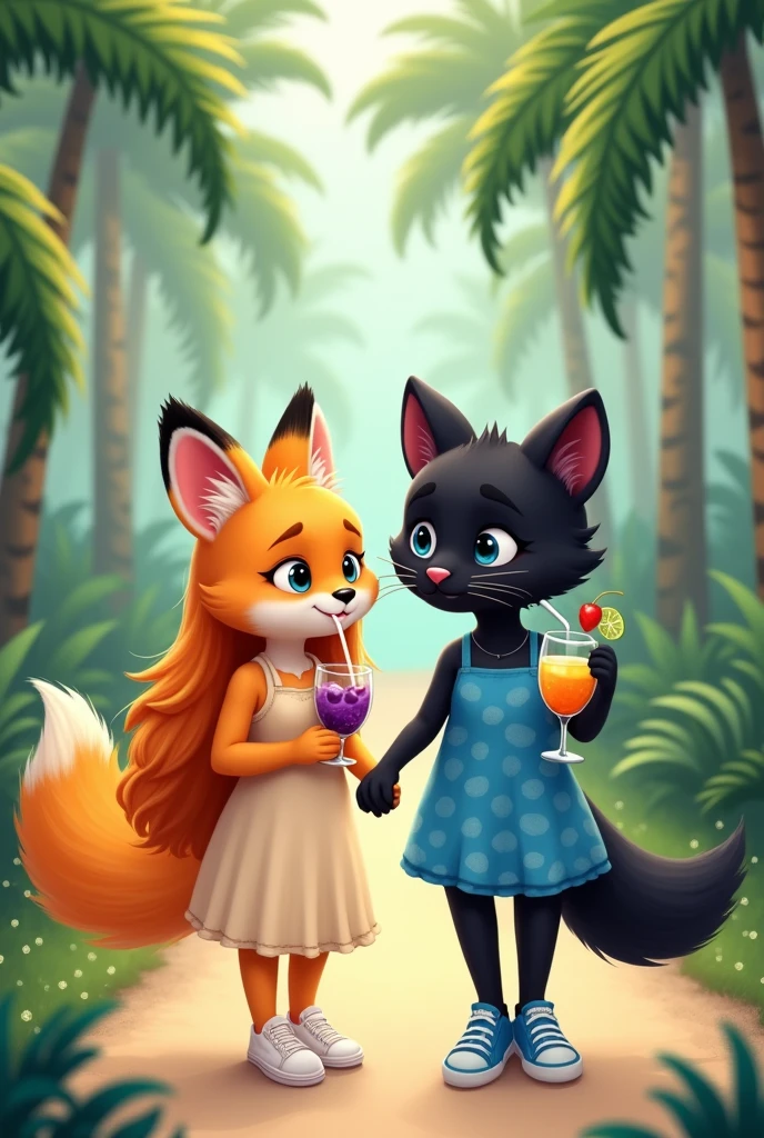 Cute and fluffy orange anthropomorphic fox of small stature in a dark beige full-length sundress.Fox shoes white sneakers. The fox has orange hair that reaches the floor.. A fox holds a sling with a grape cocktail and a straw in its paw. Next to the fox is a cute anthropomorphic fluffy black panther in a short bright blue mini sundress with white polka dots. Panther shoes blue sneakers.The panther has a hairstyle on the sides of its head with two black ponytails reaching to the floor.. The panther has kind blue eyes. Panther holds a sling with a mango cocktail and a straw in its paw. They walk holding paws along a path in a palm forest.. The fox is wearing a floor-length sarafan, and the panther has a mini.