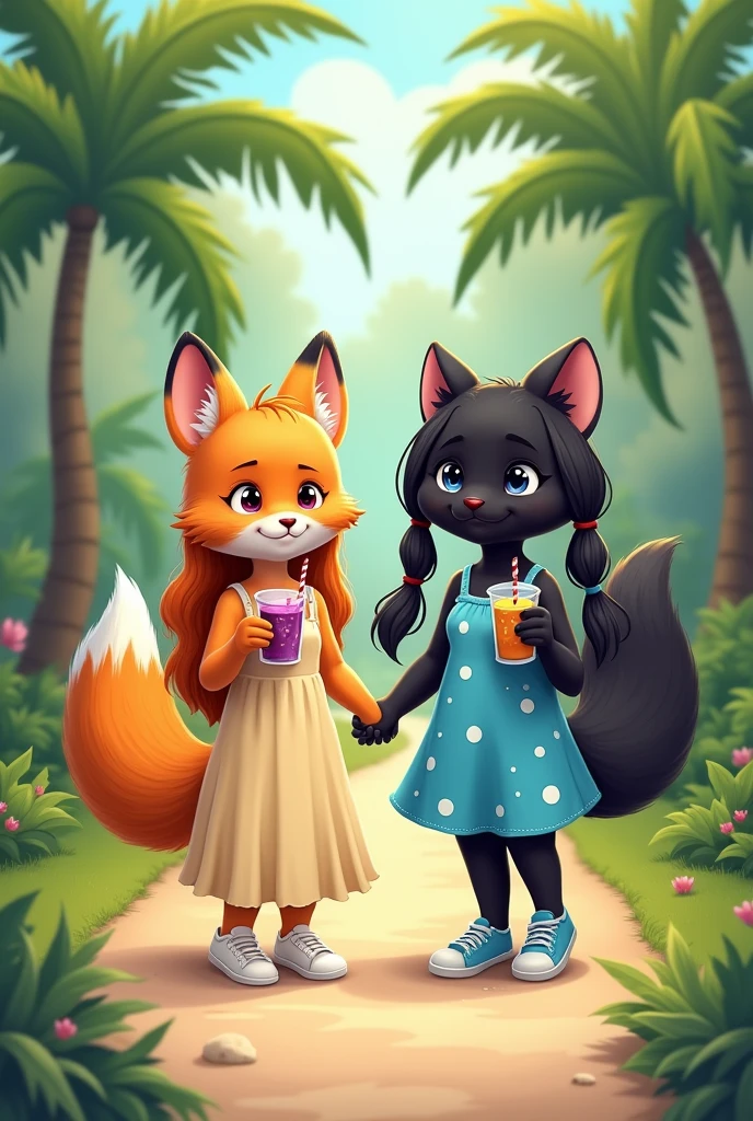 Cute and fluffy orange anthropomorphic fox of small stature in a dark beige full-length sundress.Fox shoes white sneakers. The fox has orange hair that reaches the floor.. A fox holds a sling with a grape cocktail and a straw in its paw. Next to the fox is a cute anthropomorphic fluffy black panther in a short bright blue mini sundress with white polka dots. Panther shoes blue sneakers.The panther has a hairstyle on the sides of its head with two black ponytails reaching to the floor.. The panther has kind blue eyes. Panther holds a sling with a mango cocktail and a straw in its paw. They walk holding paws along a path in a palm forest.. The fox is wearing a floor-length sarafan, and the panther has a mini.

