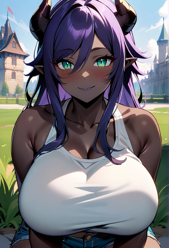 masterpiece, best quality, extremely detailed, 1girl, (milf:1.2), solo, (dark skin, black skin:2.1), venti_\(genshin_impact\), (huge breasts:1.3), ((((purple hair), long hair, green eyes, slit pupils, pointy ears, demon horns))), parted lips, (((tanktop, denim shorts))), ((naughty smile), closed mouth), ((hand on own face, outdoor, castle))