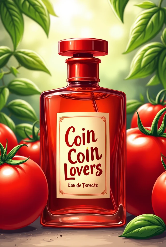 Image d’illustration flacon transparent rouge de parfum inscrit dessus « Coin Coin Lovers » inscrit « eau de tomate » en arrière plan des tomates et dû basilic