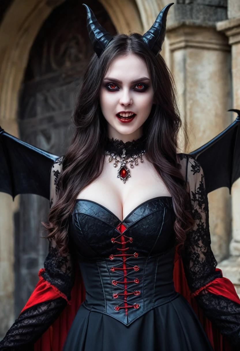 Very young girl, young girl, very young , Young lively teenl undergoing a transformation into an evil demonic Vampire, female, long dark hair, pasty pale ghastly skin, red eyes, vampire fans, very long canine teeth becoming fangs, elegant flowing renaissance era black dress, Romanian, dark castle, nighttime, moonlight, dimly lit, horror, threatening to bite you, bearing her fangs, huge leathery bat wings, close, very close, Vampire bite scene, long black obsidian horns, red-tinged skin, massive breast eon, huge breast implant