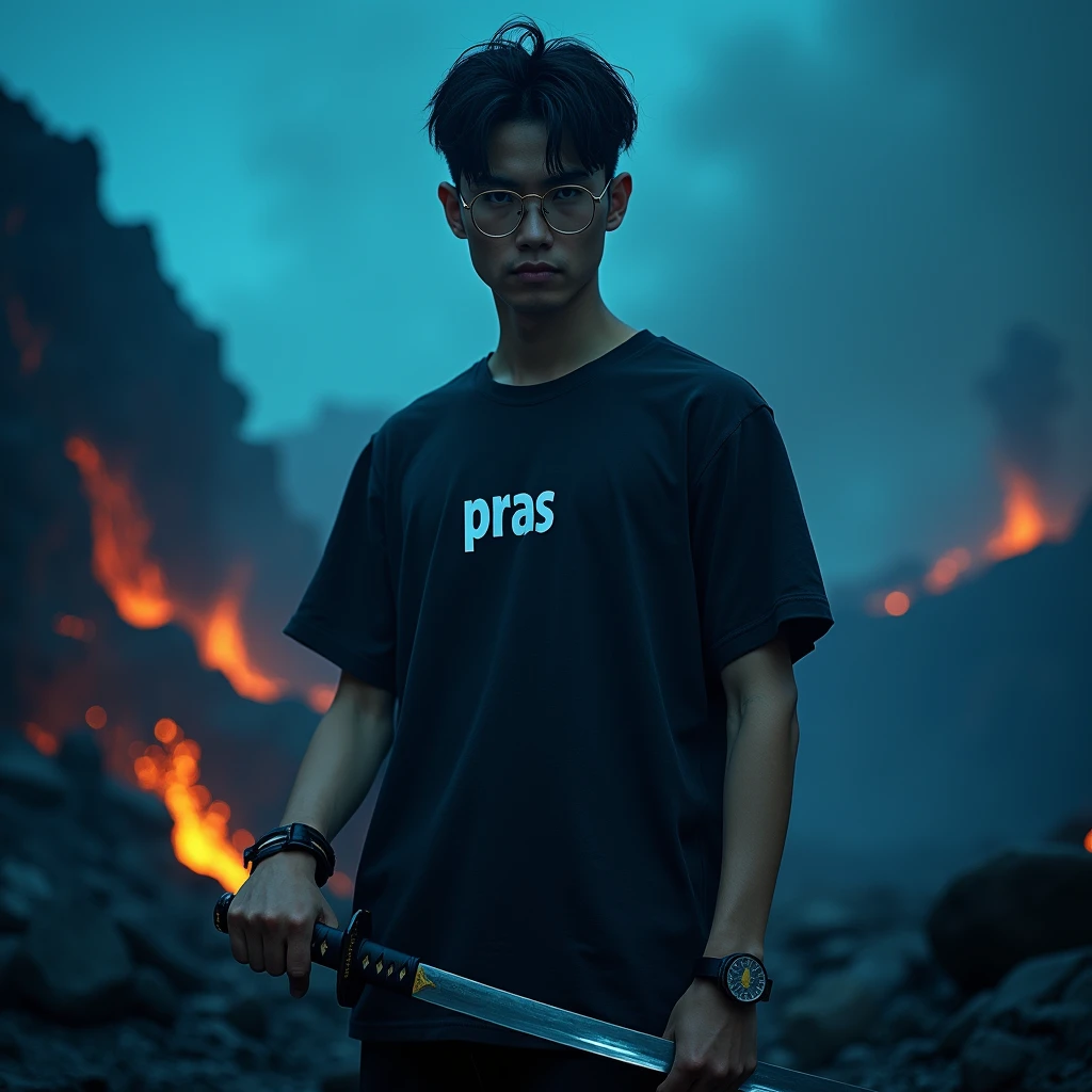 Create a character, {background: darkness vulcano blue}, realistic, HDR, use glasses, handsome, korean style, full body, use katana, age 20, t-shirt text: “PRAS”