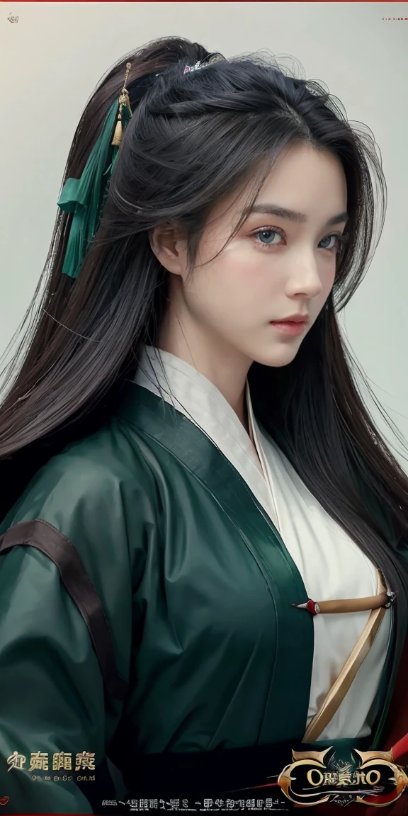 1 woman, heroine, handsome, ink splashes, Chinese armor, (upper body), black hair, floating hair, delicate eyes, Ancient dark red, black and green Hanfu, fov, (f1.8), (Masterpiece), (Portrait), front shot, white background, (Movie Poster), weapon