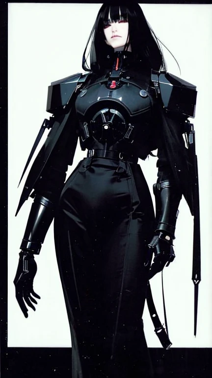 Black Hair、Cold look:1.5、Japanese woman in her 30s、Dark Background、One Cool Lady:1.5、night、whole photo、Dark Eyes、Black gloves、Ominous Machine Lifeform、Nihil、Half of his body is made of machinery、Mechanical Man:1.5、Modern clothing:、Creepy、Scary atmosphere