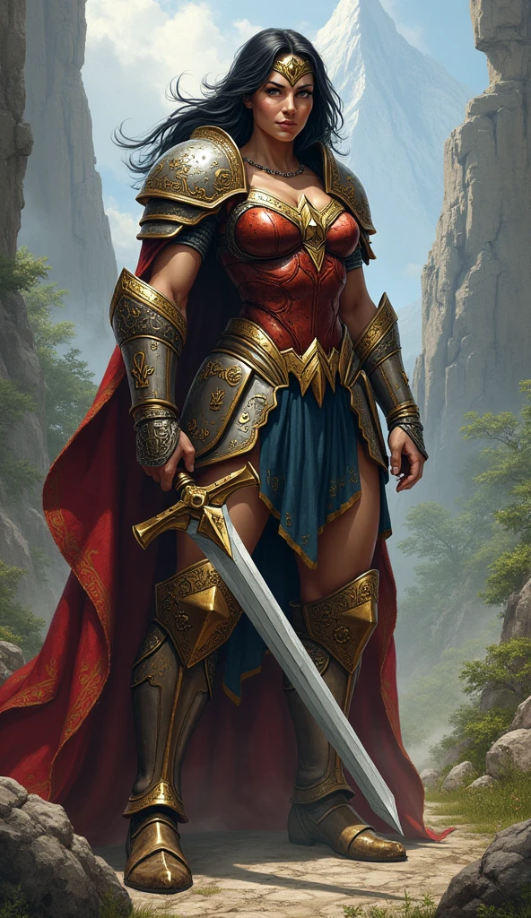 Knight Wonder Woman , middle age style,in the fantasy world of Golarion(Pathfinder)