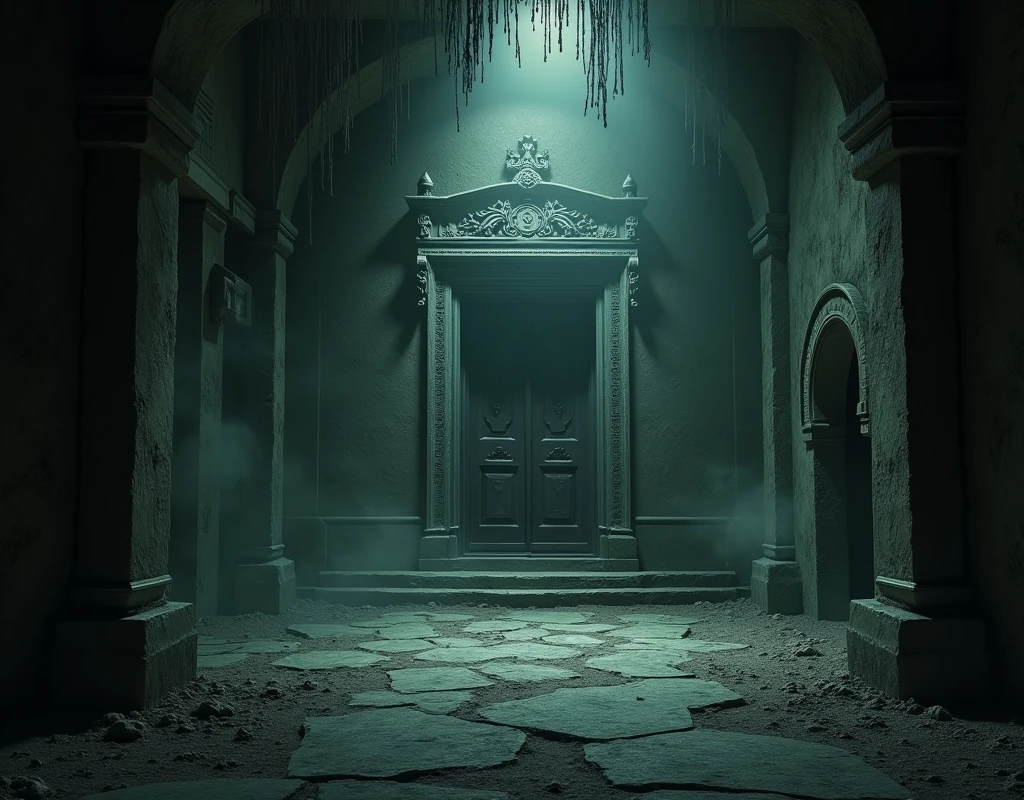 fantasy spooky room with far away closed door