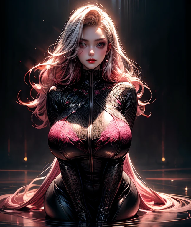 young intricate woman in royal palace, beautiful woman, long hair, two different colored hair , red with white colored hair ( light in the hair), deep red eyes, white skinned, solo, big breast and big ass, dressed in black clothes, wide angle lens f/2.8, ultra insane high resolution intricate textures, texture indentation, perfect perspective, perfect geometry, ultra insane ambient lighting, ultra insane ambient shadows, wearing full pink colored clothes, sexy clothes, luminism, ultra detailed busy background, tessellation, maximalism, perfectionism, IPA Award wining masterpiece, curvy figured woman, seductive expression, seductive figure, full body.