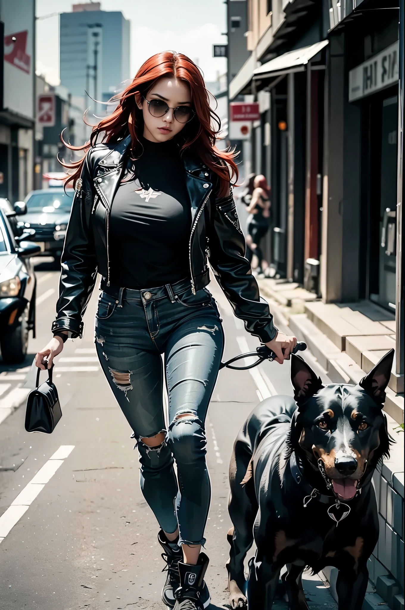 A delinquent girl walking with a ferocious large dog