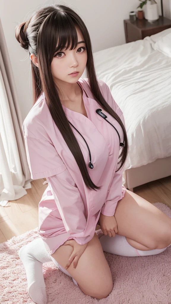 long hair with bangs,hair in bun,huge breasts,knee long socks, pink small nurse uniform,extremly long hair,
