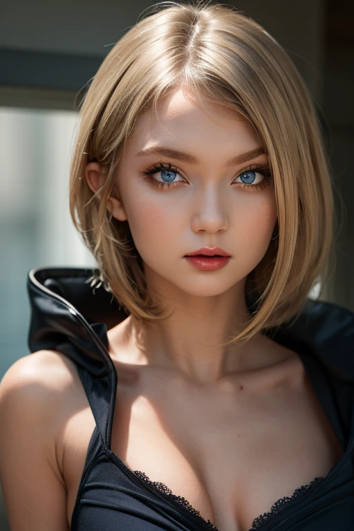 Masterpiece, Best Quality,  gothic girl, clavicle, looking at the viewer stunning blue eyes, white skin eyeliner, perfect detailed 12k, hair with bangs , Beautiful face, perfect mouth,  lipstick negro,  voluminous and sensual lips, big and heavy bust 