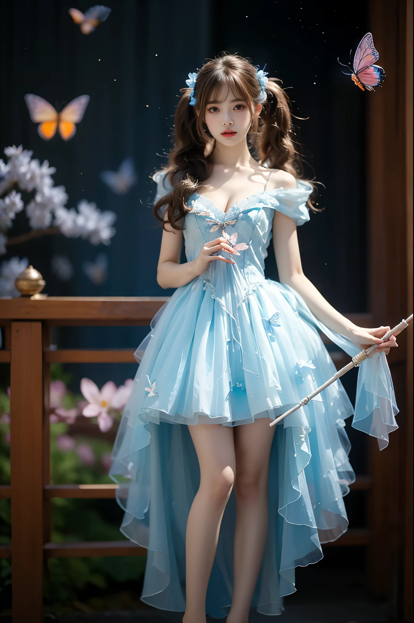 1girl,brown hair,twintails,holding straight staff, Elegant posture, She gently lifted her skirt with one hand,头发周围有白色的Butterfly兰,Lilac dendrobium、White Lily, Long legs , Deep in Wonderland, ((Flowing long hair))Official Art , Unity8k Wallpaper , Extremely detailed , Visible cleavage, Pretty and beautiful , 性感Long legs, masterpiece , best quality ,Practical, Very detailed illustrations ,Extremely detailed , Intricate details , Extremely complex and detailed , Very detailed 8KCG wallpaper , Caustics .reflection , Ray Tracing , Devil theme ,nebula ,Dark aura, Network Effects , (1 girl)solitary , 小蓝Butterfly , (Blue plasma flame , (insect , Butterfly)) Pastel tones in Rococo style ,Light white and light dark red , Incredibly beautiful , Cherry blossoms , Surrealism ,painting , Ethereal , Mixing reality and fantasy elements ,Ray Tracing , Complex Mode , Exquisite lines , Perfect your hands, Starry Sky , Colorful , Star