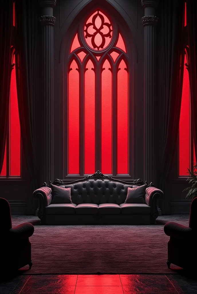 You can create a huge living room, very wide, with gothic style windows, with black curtains, with completely black walls and black medieval French style furniture, black carpet, black upholstery, with the entry of very intense red sunlight through the almost opaque deep red stained glass windows?