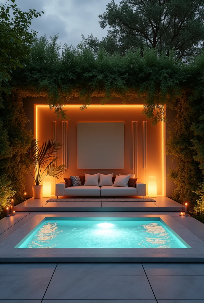 Une scène extérieure élégante et confortable présentant deux options luxueuses : d'un côté, un jacuzzi moderne avec des bulles chaudes et accueillantes sous un éclairage doux, et de l'autre, un espace de détente minimaliste et élégant sans jacuzzi, le tout entouré de verdure et de décorations raffinées. L'image doit être visuellement divisée pour mettre en avant la comparaison entre profiter d'un jacuzzi et se détendre sans. Les couleurs doivent être chaudes et attrayantes, parfaites pour un sondage sur Instagram

