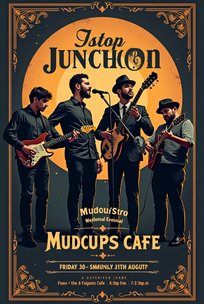 Create a classic professional poster for jamstopjunction music band performance, which contains 4 members, a singer, keyboardist, bassist and clap box player. The performance will be on Mudcups cafe on 30th and 31st of august, friday and Saturday evening 6:30pm-8:30pm. Don’t have peoples face in it. Text in English