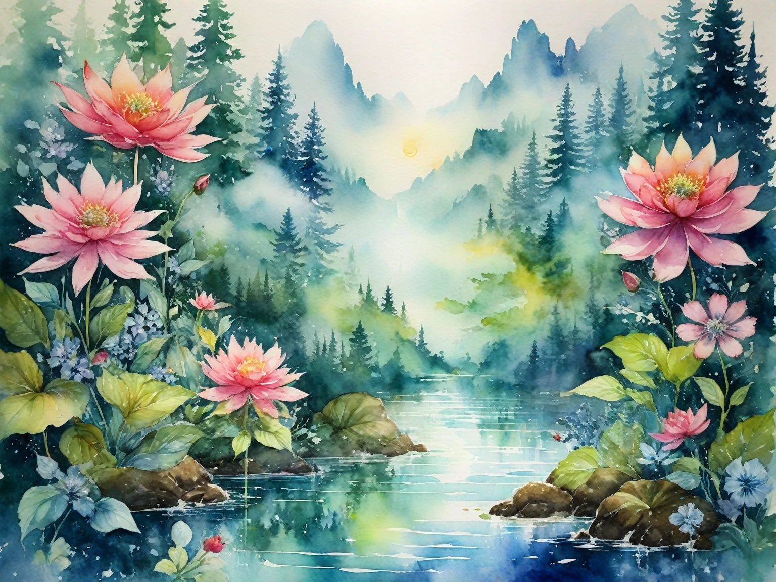 double exposure of a detailed pretty forest queen, shining eyes. bathing in a mist of flowers, wide shot, low upwards angle, Cel-Shaded line art in the background of a forestscape : double exposure : beautiful watercolor ink splash art water color paints, grainy, cursedby Sarah Creswell and Luis Royo and Pino Daeni, Enki Bilal style