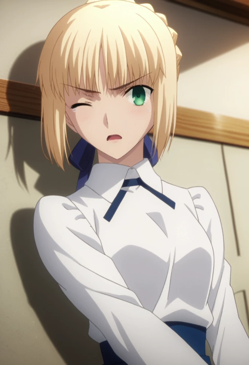 source_anime, rating_safe, intricate details, anime screencap, , official style, looking at viewer, , 1 tall girl, saber, blond hair, detailed deep green eyes, frown, wince,  short hair,                                                                                                                         
NSFW, ((rape)), ( undress white shirt ), detailed nipples,  show off breast , , pussy juice, open mouth,(( lesbian sex , yuri )), love juice,  (missionary position),  saliva ,                                                             
indoors, bed room, looking at viewer, on back,  solo,  ambient light, sunlight , strong light, , tearing up, dutch angle, wet body , blush,                