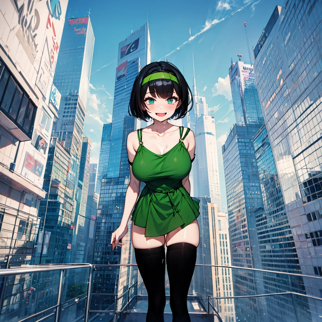 (solo), (1 skinny girl standing), arms behind back, swaying back, (tight-fit black thighhighs), collarbone, BREAK, yellow hairband, white shirts, green dress with shoulder straps, glass-walled skyscrapers in distance, BREAK, (long skinny legs), huge breasts, BREAK, (forced smile:1.3), (dripping tires:1.3), (disappeared), open mouth, orgasm, nsfw, pussy juice dripping down between thighs