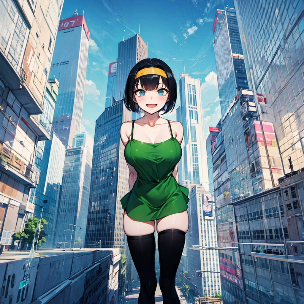 (solo), (1 skinny girl standing), arms behind back, swaying back, (tight-fit black thighhighs), collarbone, BREAK, yellow hairband, white shirts, green dress with shoulder straps, glass-walled skyscrapers in distance, BREAK, (long skinny legs), huge breasts, BREAK, (forced smile:1.3), (dripping tires:1.3), (disappeared), open mouth, orgasm, nsfw, pussy juice dripping down between thighs