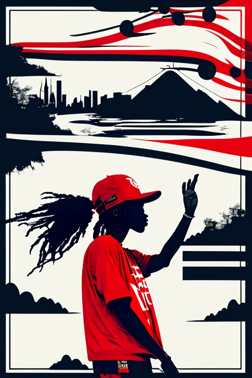 A background filled with scattered musical notes in various sizes and colors、

Creative logo illustration of a silhouette with dreadlocks and red headphones, 
Banksy、
A background completely filled with scattered musical notes in various sizes and colors, covering the entire screen.
singer、microphone、Japanese、

beautiful girl colorful image

Dance hiphop Dance CREW  Waacking Dance

Punking 

black medium hair black medium hair 

Five fingers Baggy clothes Baggy clothes
HIPHOP crew、

the Japanese flag, background,patriotic,minimal,simple,bold colors,graphic,flat design,clean