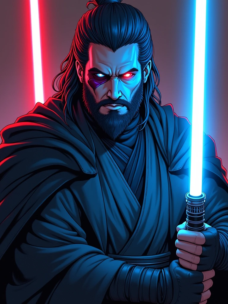 (A “badboy” chiss gray jedi,former sith lord,searching for balance between light and dark,2 white lightsabers,long dark blue hair,light blue skin,one red eye,one blind eye with big cut across it,full short beard),(best quality,4k,8k,highres,masterpiece:1.2),ultra-detailed,(anime,anime-realistic:1.37),manga lighting,dramatic lighting,vivid colors,chiaroscuro,dark and moody,dramatic pose,mystical,powerful,intense gaze