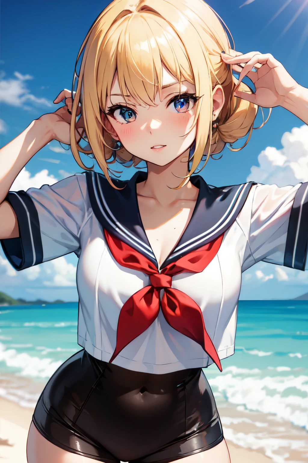 8k,Highest quality,masterpiece, Sharp focus,high school girl,,Blonde,Lewd,Sailor suit
