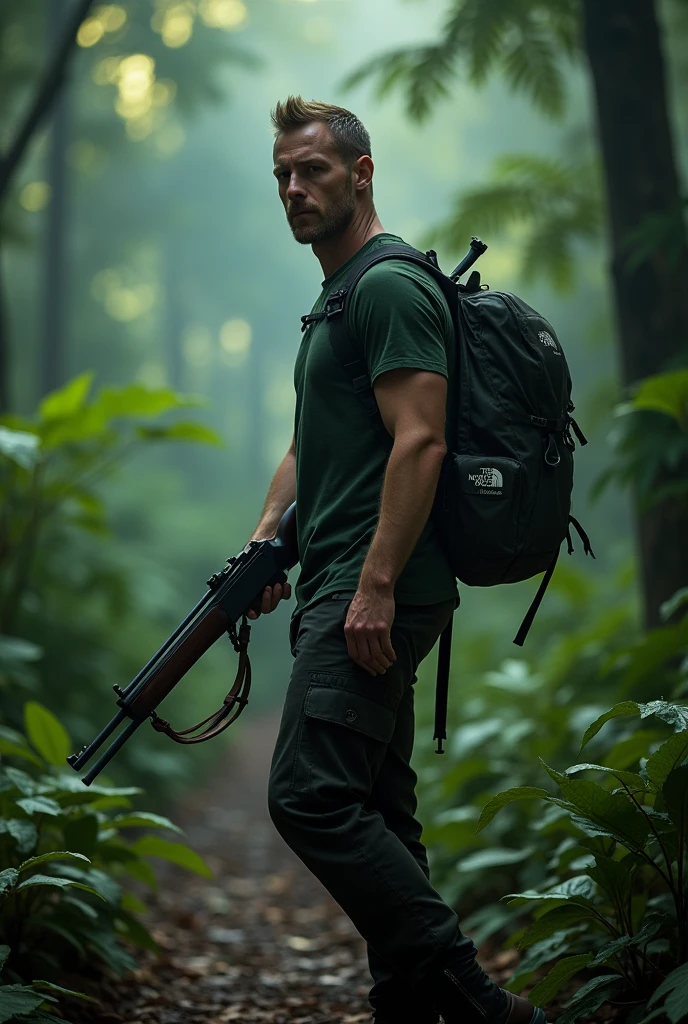 A full body, cinematic portrait of a Aerican-looking man with short hair wearing boots. He is 170 cm tall and weighs 70 kg. He is wearing a dark green tshirt and a North Face backpack, standing in a rainforest with a rifle. He is an hunter. The background has subtle light, creating a magical rainforest scene. The man is walking in the rainforest, creating a mystical rainforest atmosphere. He is a professional hunter. His face is looking at the camera, and the portrait is taken from the side. The image should be realistic.