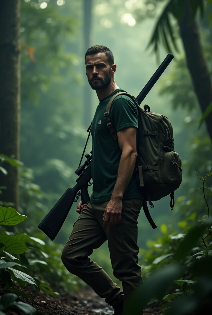 A full body, cinematic portrait of a Aerican-looking man with short hair wearing boots. He is 170 cm tall and weighs 70 kg. He is wearing a dark green tshirt and a North Face backpack, standing in a rainforest with a rifle. He is an hunter. The background has subtle light, creating a magical rainforest scene. The man is walking in the rainforest, creating a mystical rainforest atmosphere. He is a professional hunter. His face is looking at the camera, and the portrait is taken from the side. The image should be realistic.
