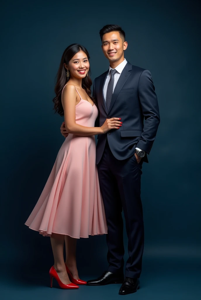 Create a full body handsome man 2 smiling he wearing a attorney clothes style and black shoes,and also beautiful Thai women smiling, wearing a summer pink midi dress and red high heels, Dark blue background, he is smiling and standing, posting photography and looking at the camera.