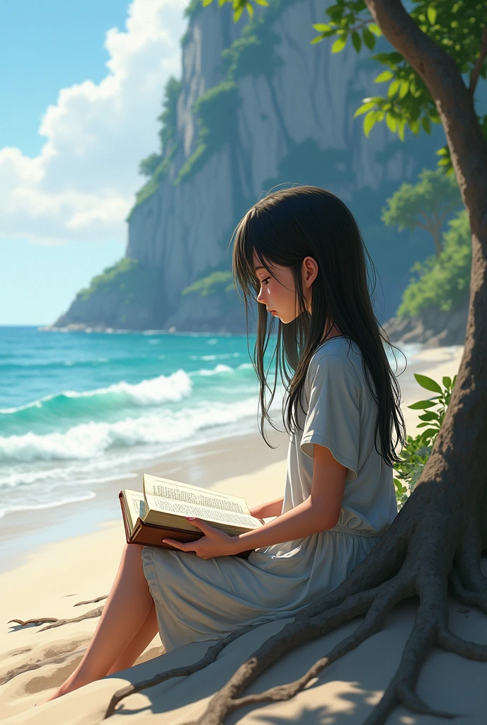 Young girl with black hair and black eyes reading a book at the seaside