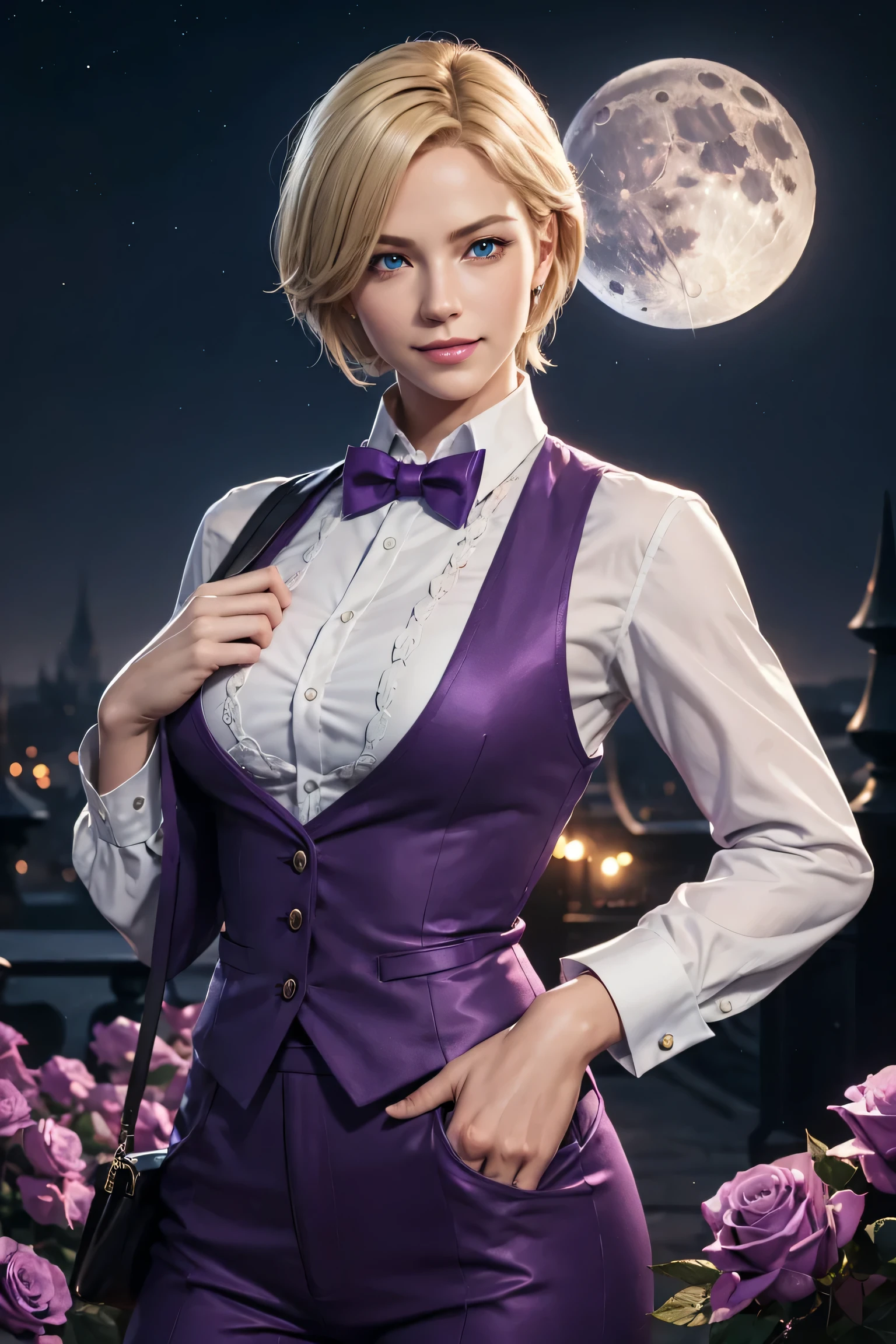 KOF,King of Fighters,King,Blue Eyes,Blonde Hair,Medium Hair,White long shirt,Purple vest,A bow tie,Beautiful white skin,Photorealistic,Ultra HD,high quality,masterpiece,Digital SLR,Detailed details,Intricate details,Anatomical basis,Depicted in detail,A detailed face,Realistic skin texture,Vivid details,Perfect Anatomy,Perfect Anatomy,Anatomically correct hand,Anatomically correct fingers,Super Detail,Complex 3D rendering,Sexy pose,Fantasy worldview,Beautiful Full Moon,,Beautiful night sky,Purple rose petals fluttering,Picturesque,Pink Lips,smile,