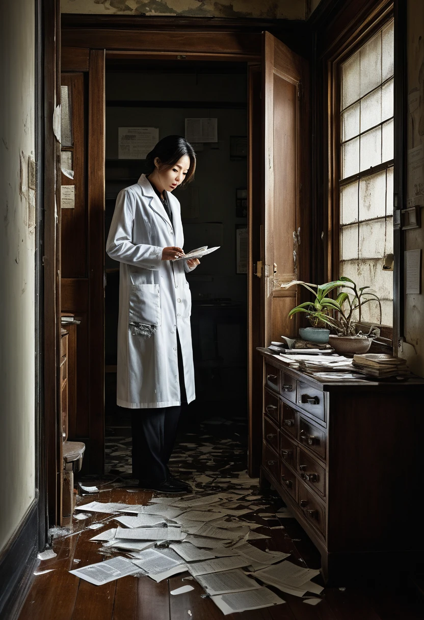 Beautiful botanical genius, Misaki Sato, 28, Japanese, black ducktail, Ransacked botanical research lab, early morning sunlight streaming through venetian blinds, creating stark shadows, papers and broken glass strewn across floor, empty orchid specimen case prominent on central table, drawers pulled out, computer with cracked screen, distraught Beautiful botanical genius Misaki in foreground, hand over mouth, eyes wide with shock, wearing previous day's wrinkled lab coat, detective in background taking notes, forensic team dusting for fingerprints, police tape across doorway, other scientists whispering in hallway visible through open door, clock on wall showing 7:15 AM, hyper-realistic, dramatic lighting, crime scene photography style, intricate detail, faded, highly detailed eye, highly detailed eye, 16k resolution, RAW, Nikon Z9, creative, masterpiece, fantasy, super detailed, high resolution, high quality, 8k, realistic, super detailed Dramatic Lighting, Soft Focus, Digital Illustration, Intricate Mechanics, Advanced Techniques, Dark Backgrounds, Cinematic, High Contrast, Moody, Strict, Atmospheric, (Top Quality, 4k, 8k, High Definition, Masterpiece: 1. 2), Ultra-Detailed, (Realistic, Graphic, Photorealistic: 1. 8) -- No glass --AR 16:9 --Stylize 1000