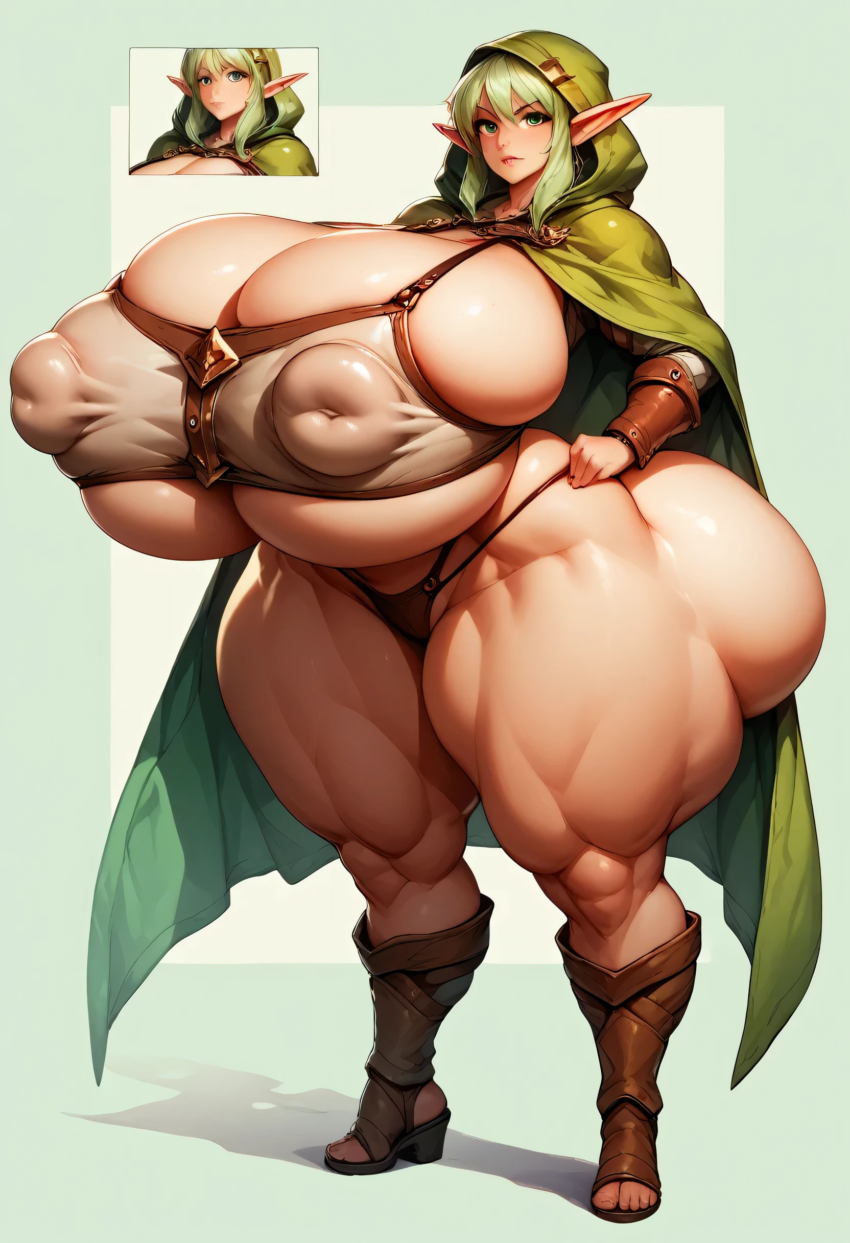 Character design sheet, multiple angles, Hyper busty elf archer, wearing hooded cloak and leather armor, covered nipples, huge puffy nipppes, hyper massive ass, thicc,  