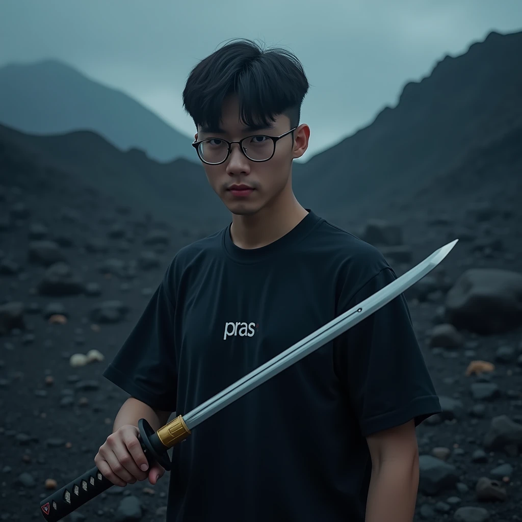 Create a character, {background: darkness vulcano blue}, realistic, HDR, use glasses, handsome, korean style, full body, use katana, age 20, shirt text: “PRAS”