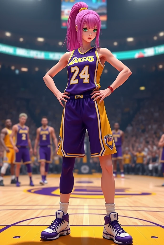 (photorealism:1.1), Sakura Haruno from Naruto as a lakers basketball player