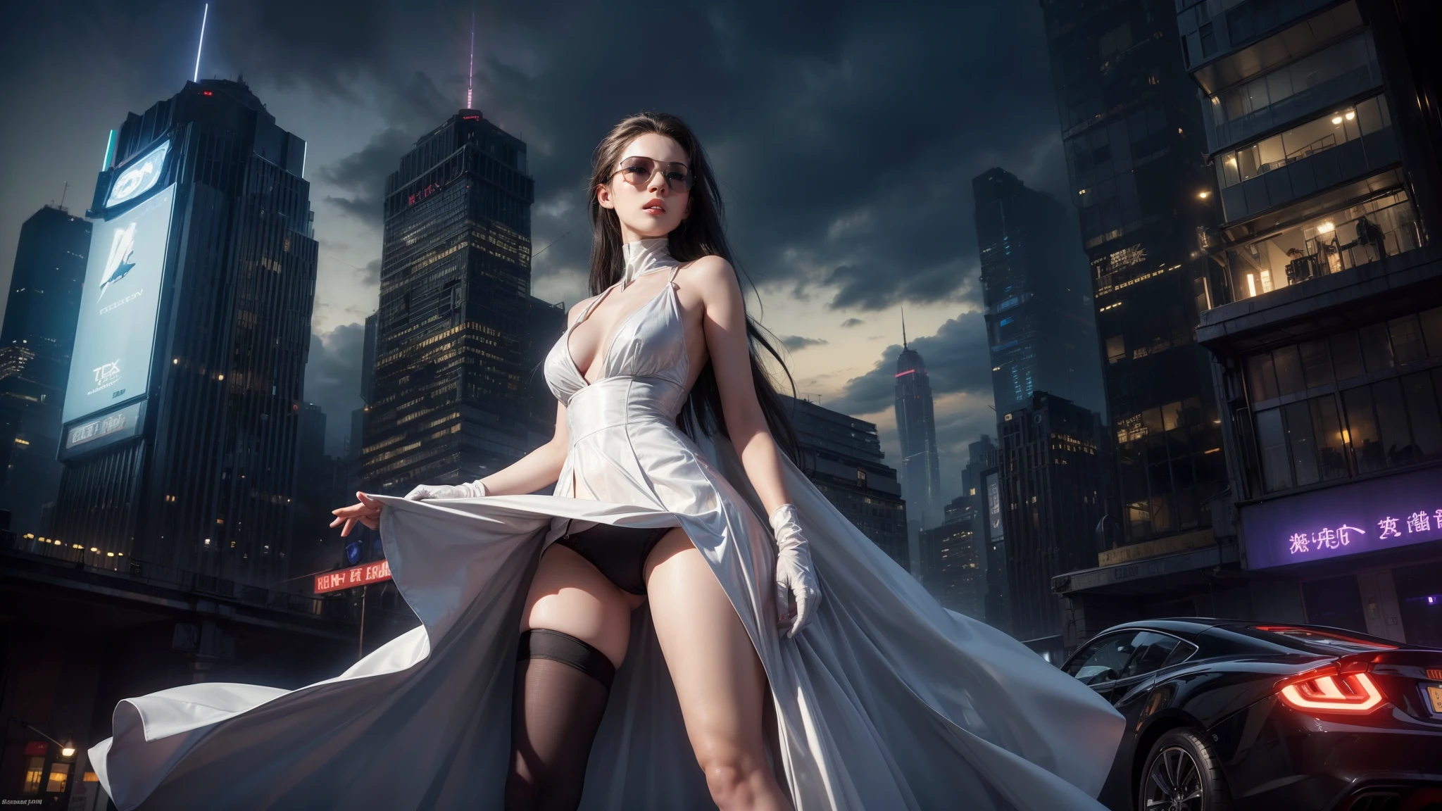 (Wide angle view). Matrix film inspired New York city, simple outlined neon tall buildings, glowing giant clock tower, year 1937 cars, lightning, 3D rendering Beeple. At night, (1girl, solo, alone), photorealistic, large-breast slim:0.6 body, oval:0.5 face, cleavage:1.1, very low angle view of sexy ethereal white dress, deep-v, ((upskirt)), glove, (Matrix style black micro sunglasses), ((aiming viewer with a short gun)), (half-body thigh level close-up shot), cinematic lighting, ray tracing.
